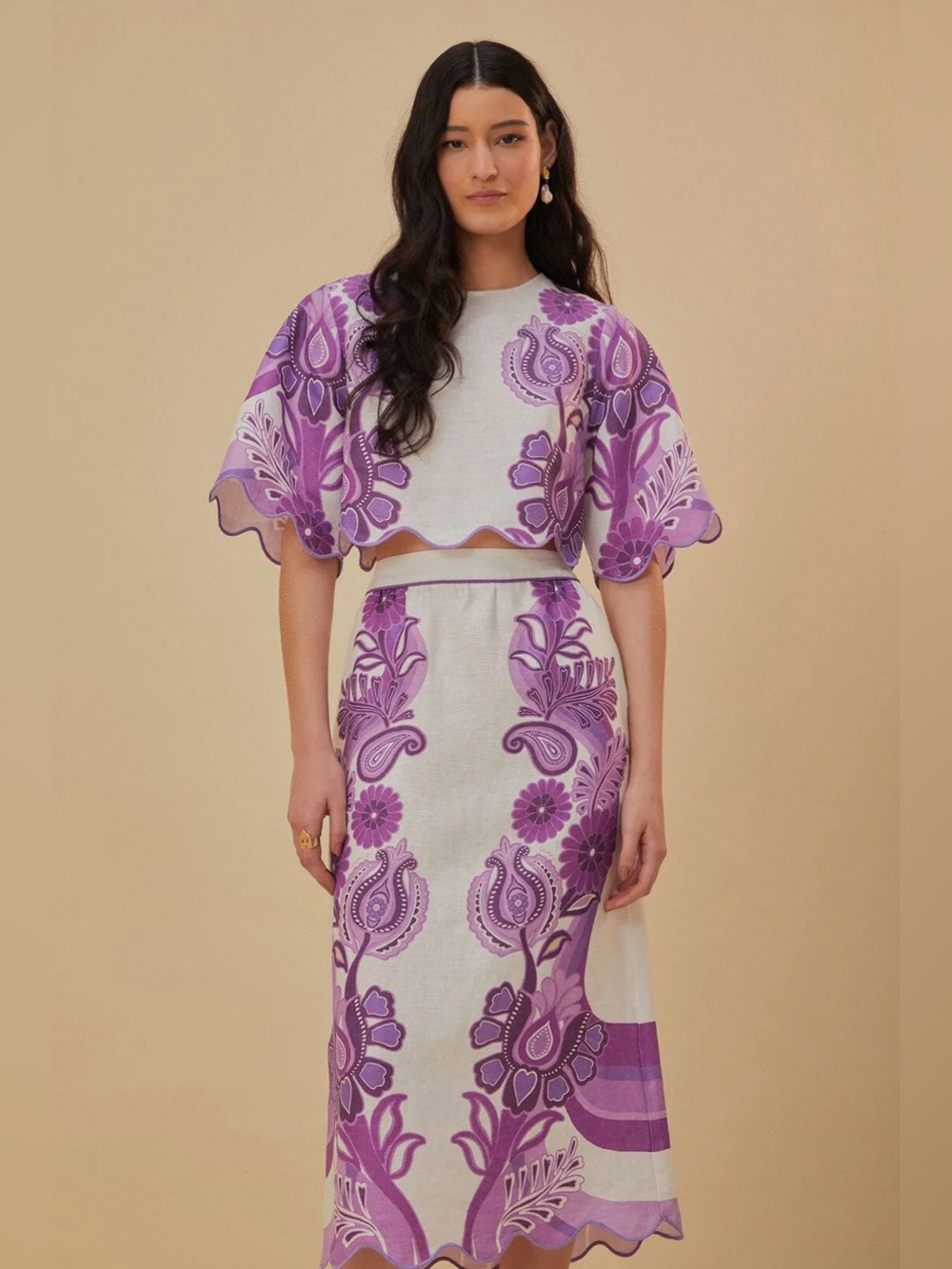Farm Rio Purple Floral Embroidered Midi Skirt & Top Set